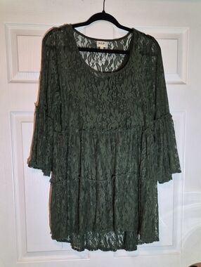 H.I.P. Dark Green Lace Tiered Women's Top